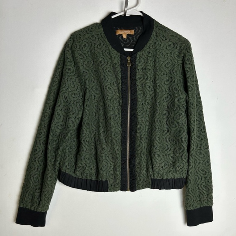 Ellen Tracy Jacket Women's Size Small Green & Black Lace Full Zipper Jacket